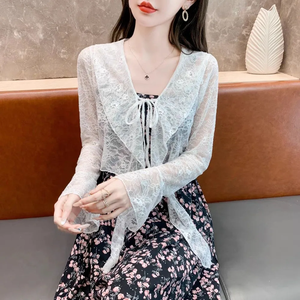 Summer Sweet Women Sun Protection Blouse Fashionable Bell Sleeve Lace Sheer Cardigan Tops Korean Elegant Ruffled V Neck Shirt
