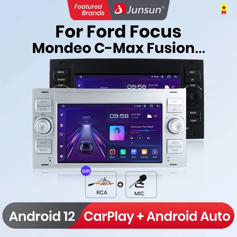 Junsun CarPlay Android Auto for Ford Focus Mondeo Fiesta Transit Kuga C-Max S-Max Galaxy GPS Radio Car Multimedia 2din autoradio