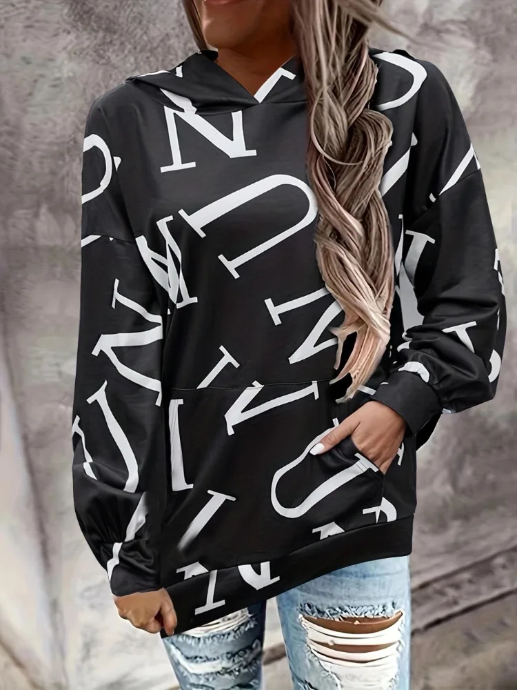 

Women's Casual Hooded Sweatshirt with Fashionable Letter Print Long Sleeved Kangaroo Pocket Hooded Sweatshirt