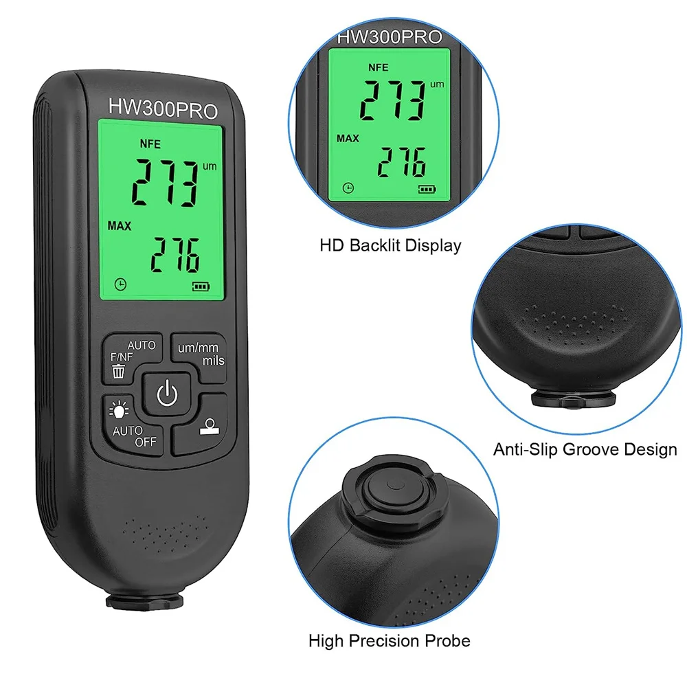 HW300PRO  Coating Thickness Gauge 0-2000um Car Paint Film Thickness Tester Measuring FE/NFE Russian Manual Paint Tool