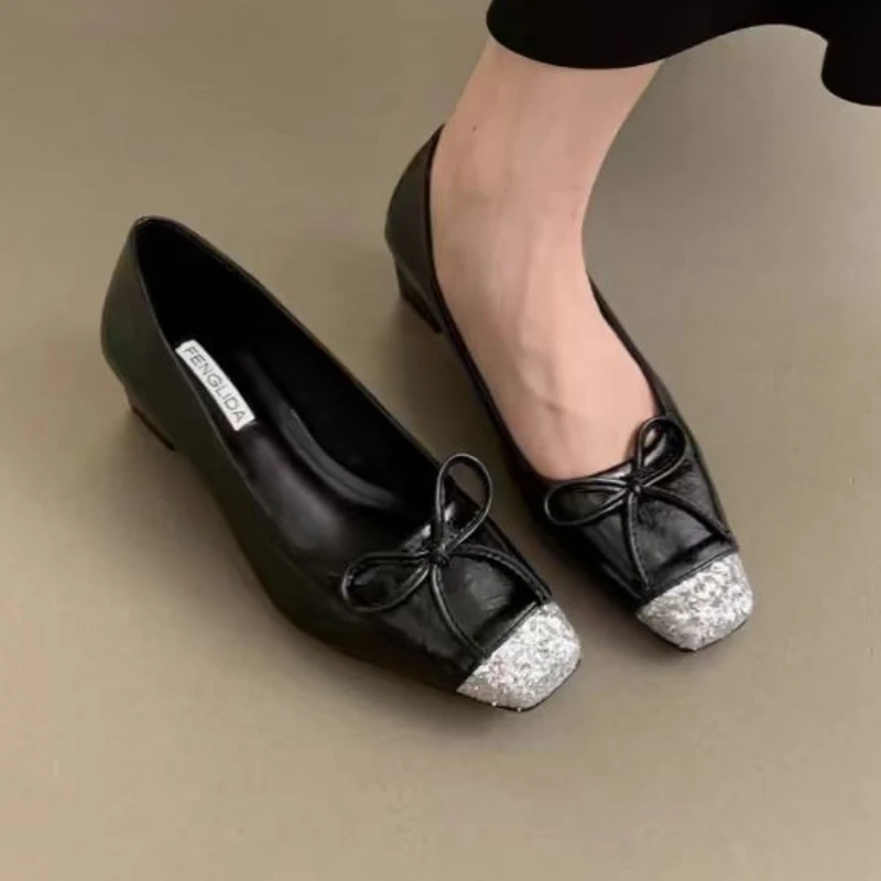 

Bow Women Heeled Shoes Luxury Square Toe Chunky Sandals Fashion Party Marie Janes Loafers Designer 2025 Summer New Pumps Mujer