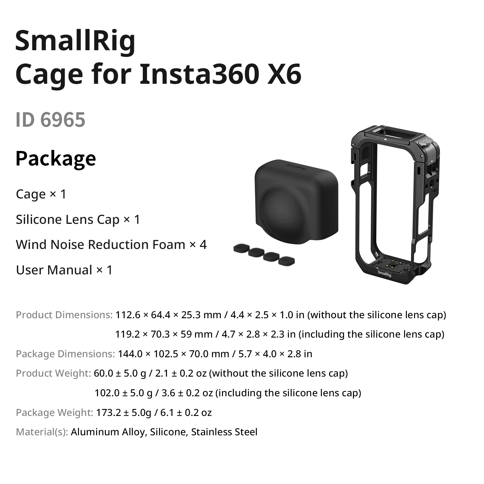 SmallRig X6 Cage voor Insta360 X6 met siliconen lensdop, windruisonderdrukkend schuim en snelkoppeling 1/4"-20 schroefdraad -6965