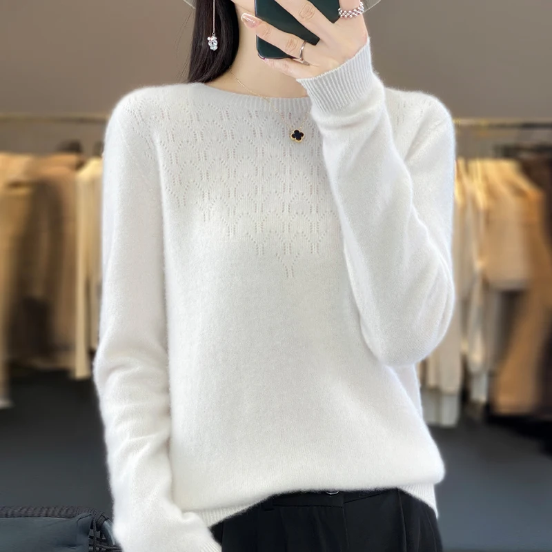 Autumn 100% Wool Sweater Women O-neck Hollow Out Long Sleeve Top Winter Fashion Casual Knitted Female Warm Loose Pullover Jumper