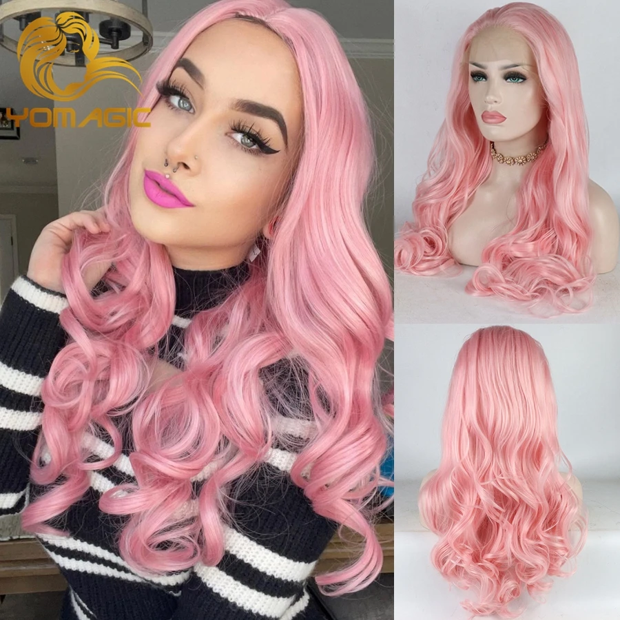 

Yomagic Pink Color Synthetic Lace Front Wigs for Women Party Body Wave Heat Resistant Fiber Glueless Lace Wig with Baby Hair