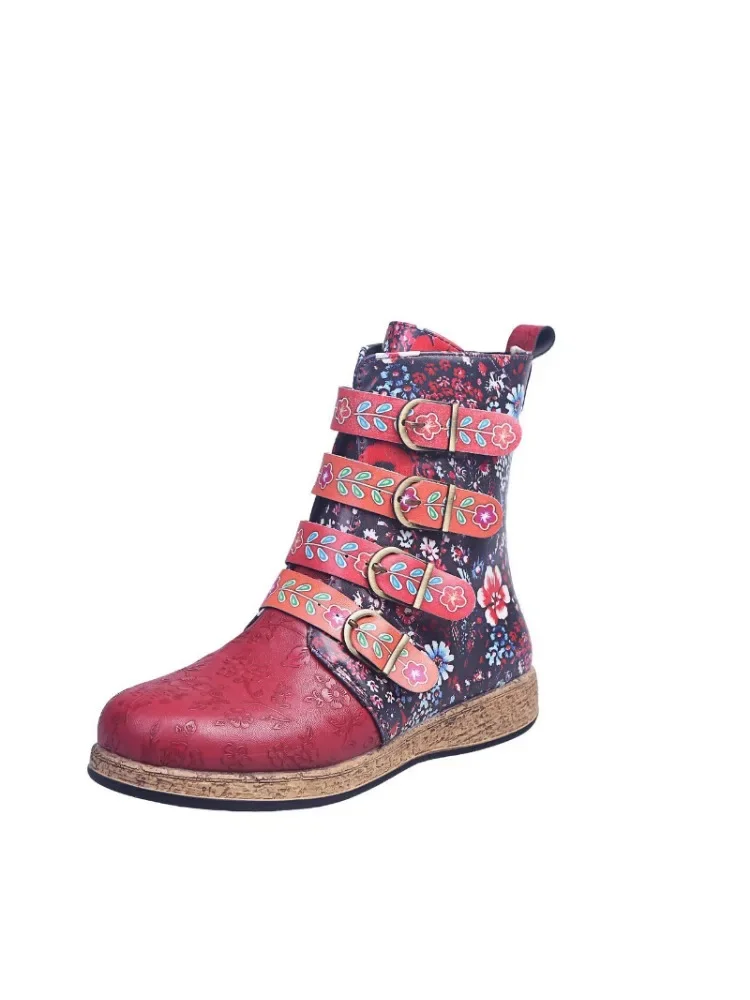 Socofy-Bottes en cuir imprimé vintage pour femmes, Bottes en cuir souple, Bottes de rinçage à glissière, Nouvelles chaussures pour femmes, Métal