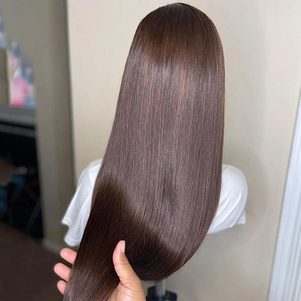 Perruque Lace Front Wig soyeuse préplumée sans colle pour femmes noires, cheveux de bébé lisses, brun doux, 26 pouces de long, densité 180, température de chaleur, 03/3