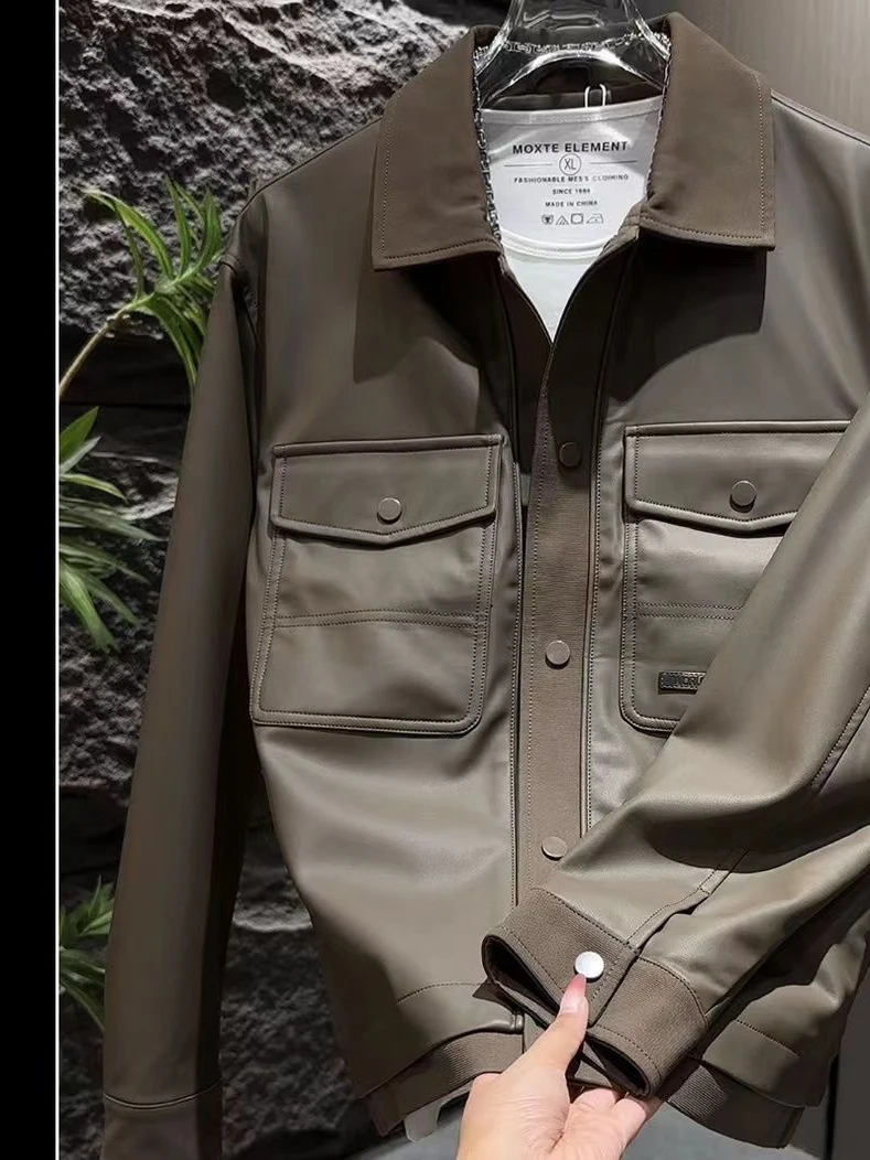 

Роскошная мужская кожаная одежда Faion Jaet ort Sle с отложным воротником, рабочая одежда, модная корейская версия, облегающее осеннее новое поступление