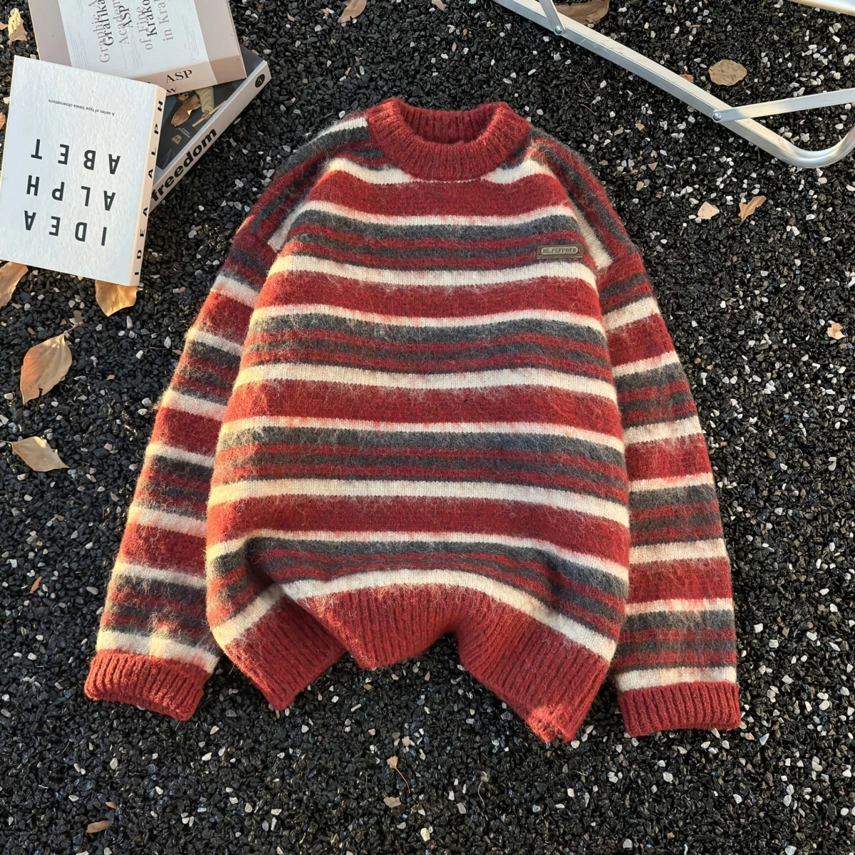 

Американский ретро полосатый цветной дизайн, круглый свободный вязаный свитер, осень-зима, универсальный ленивый повседневный свитер