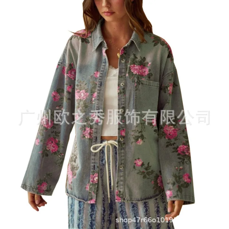 المرأة الجديدة الأزهار المطبوعة قميص دينيم سترة الرجعية Harajuku فضفاضة بدوره إلى أسفل طوق منتصف طول غسلها قميص الخريف سترة الدنيم