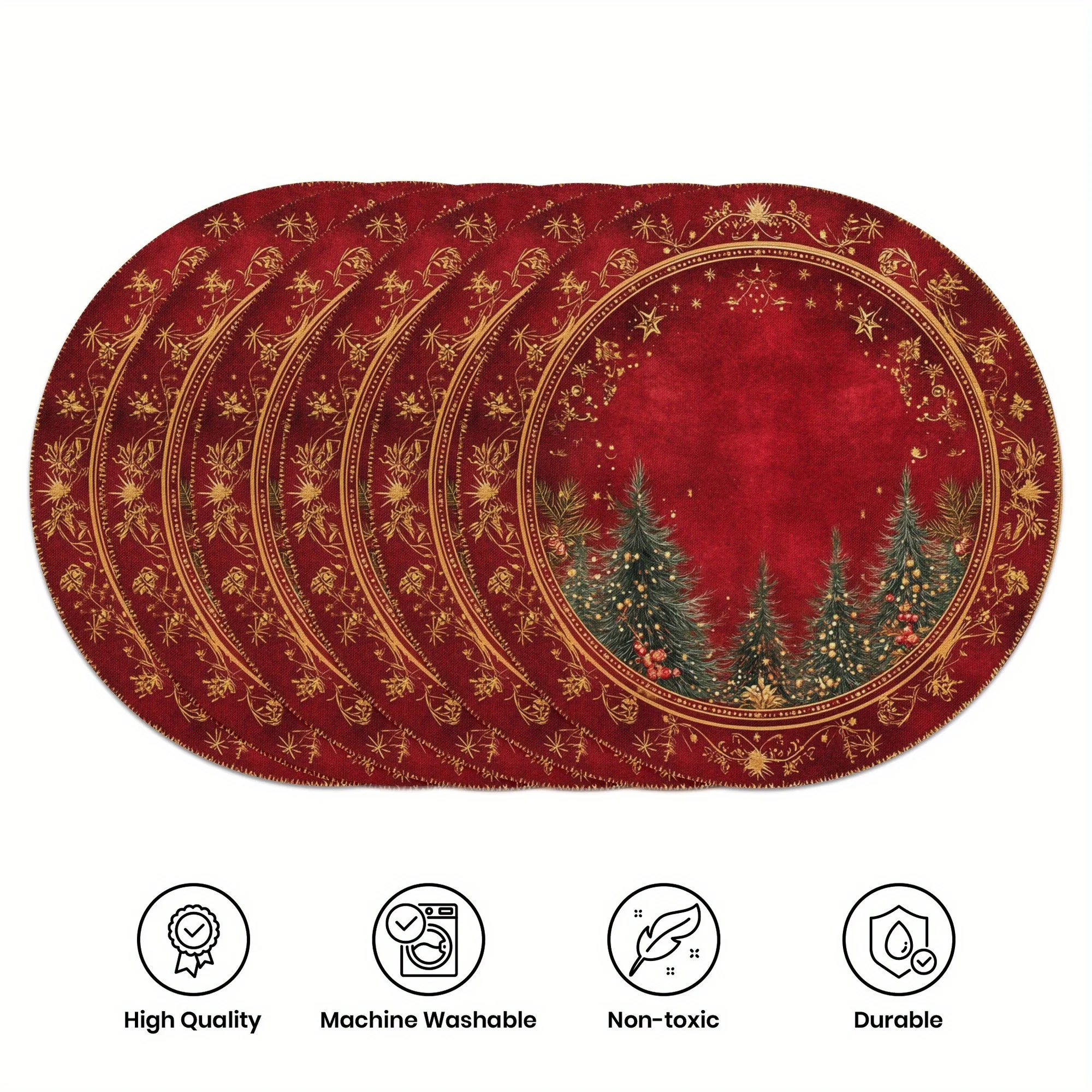 VIKAMA 6-teilige burgunderrote Weihnachtsbaum-Tischsets mit Goldbesatz, langlebig, für Zuhause, Weihnachten, Party, Tischdekoration und Zubehör