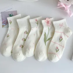 5 Pairs Tulip Women Socks Kawaii Floral Cotton Short Socks Cute Low Cut Ankle Korean Japanese Fashion Socks Girl