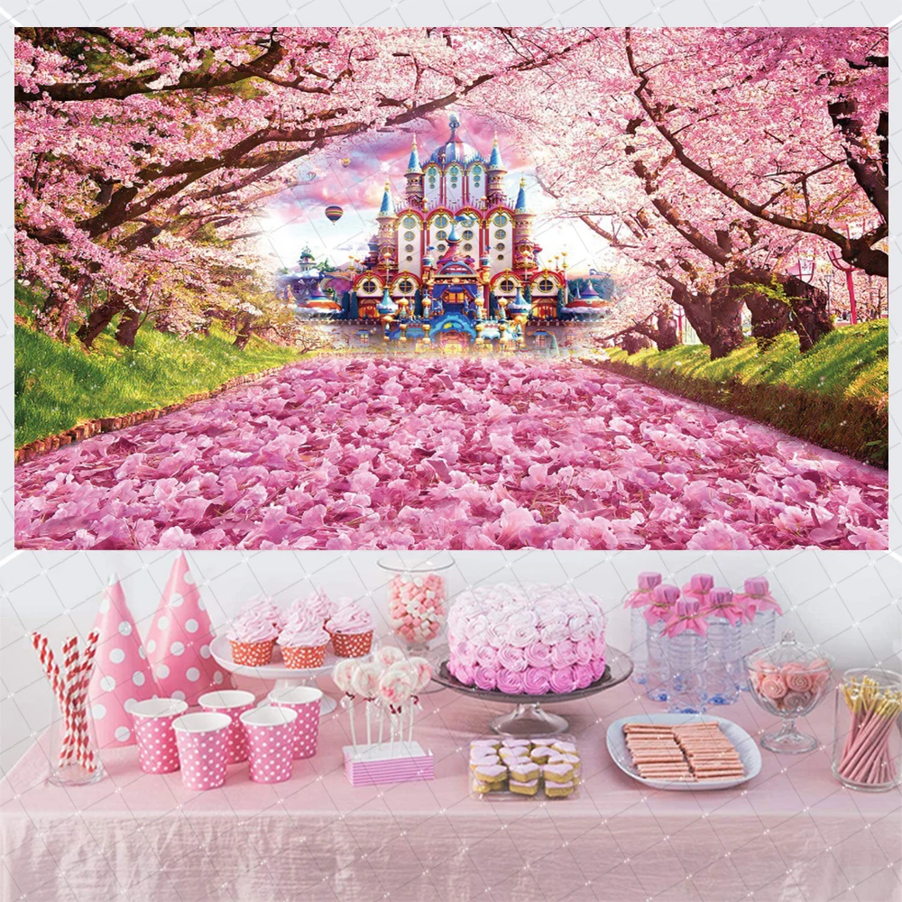 Pink Cherry Blossoms and Rainbow Fairytale Castle Princess Birthday Party Perfect for Wedding Baby Shower Photo Background