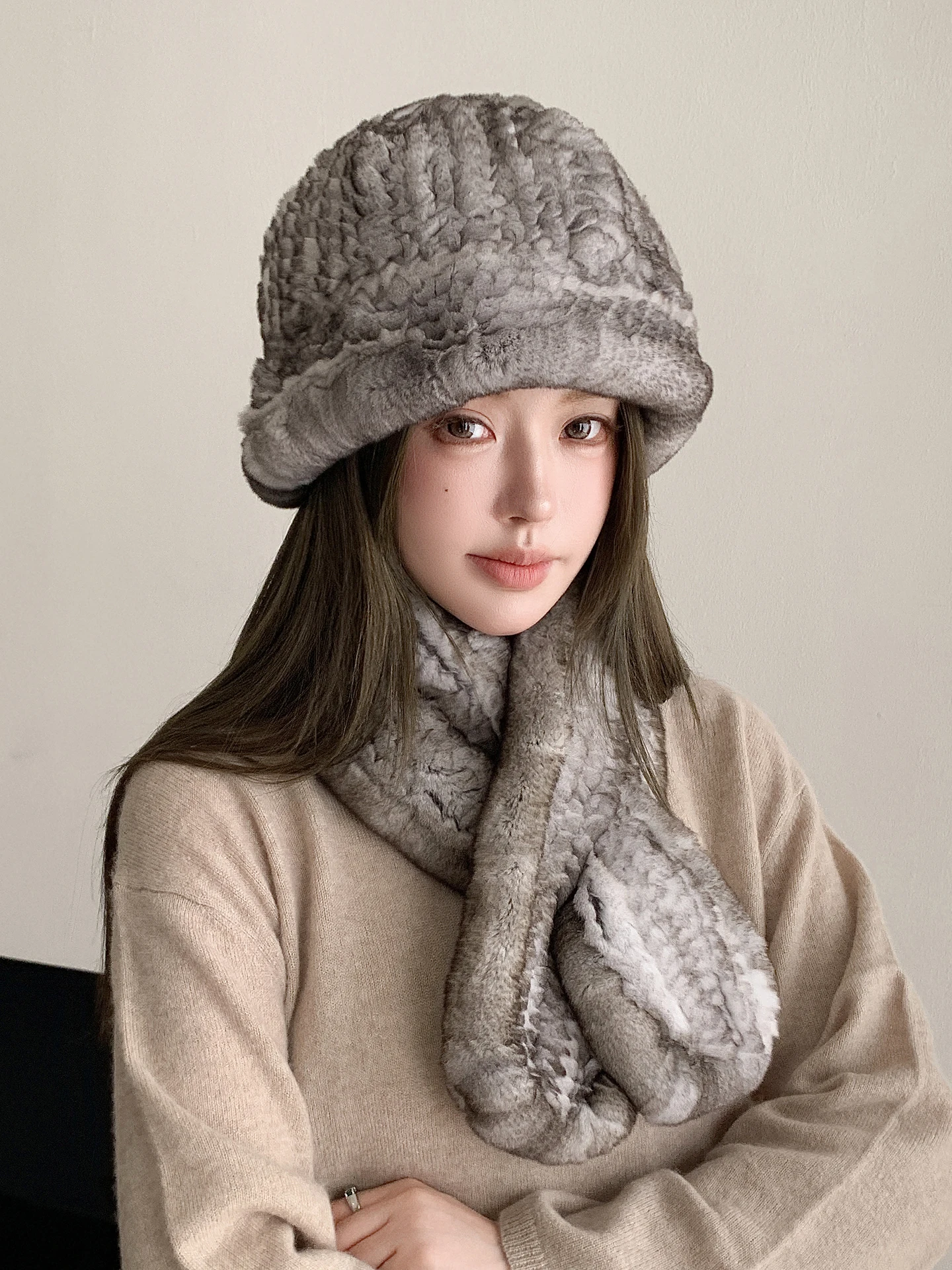 ensemble-chapeau-et-echarpe-en-fourrure-de-lapin-pour-femme-accessoires-de-mode-d'hiver-ensemble-deux-pieces-couleur-dragon