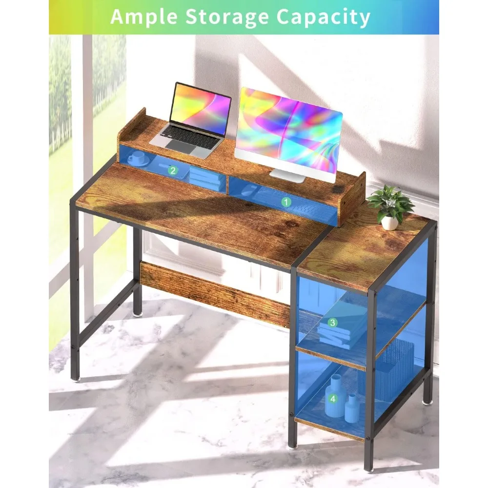 مكتب كمبيوتر - مكتب ألعاب مقاس 39 بوصة، طاولة مكتب منزلية مع مساحة تخزين، مكتب صغير مع حامل شاشة، مساحة تخزين قابلة للتعديل، حديثة #4
