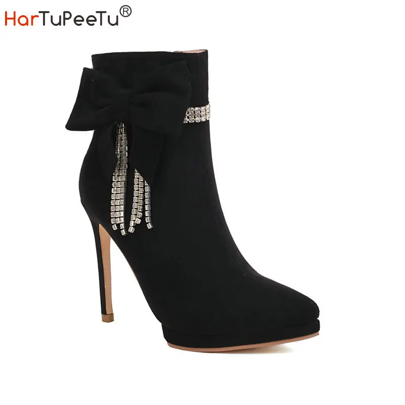 

Black Ankle Boots Women 2022 Autumn Winter High Heels Shoes Latest Pointed Toe Flock Bow Crystal Decorate Stiletto Booties