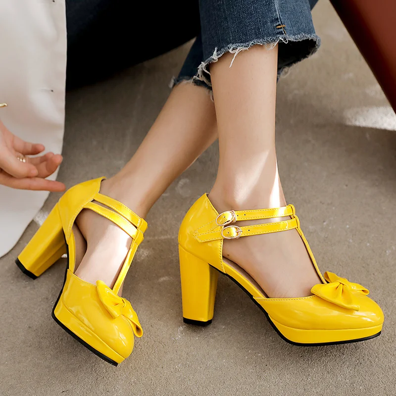 Block High Heels Mary Janes Shoes Women Sandals Sweet Bowtied Yellow Red Pink White Heeled Wedding Shoes Female Pumps Large Size