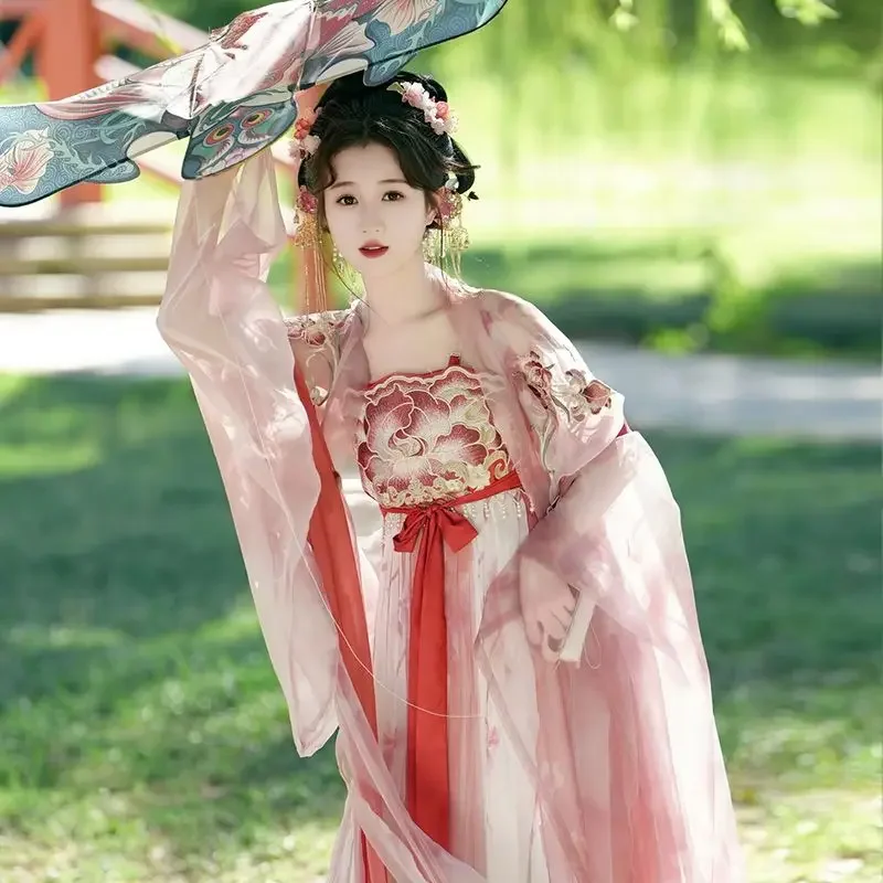 

Chinese Style Vintage Hanfu Women Tang Dynasty Flower Embroidery Fairy Carnival Dresses Traditional Female Elegant Long Dress