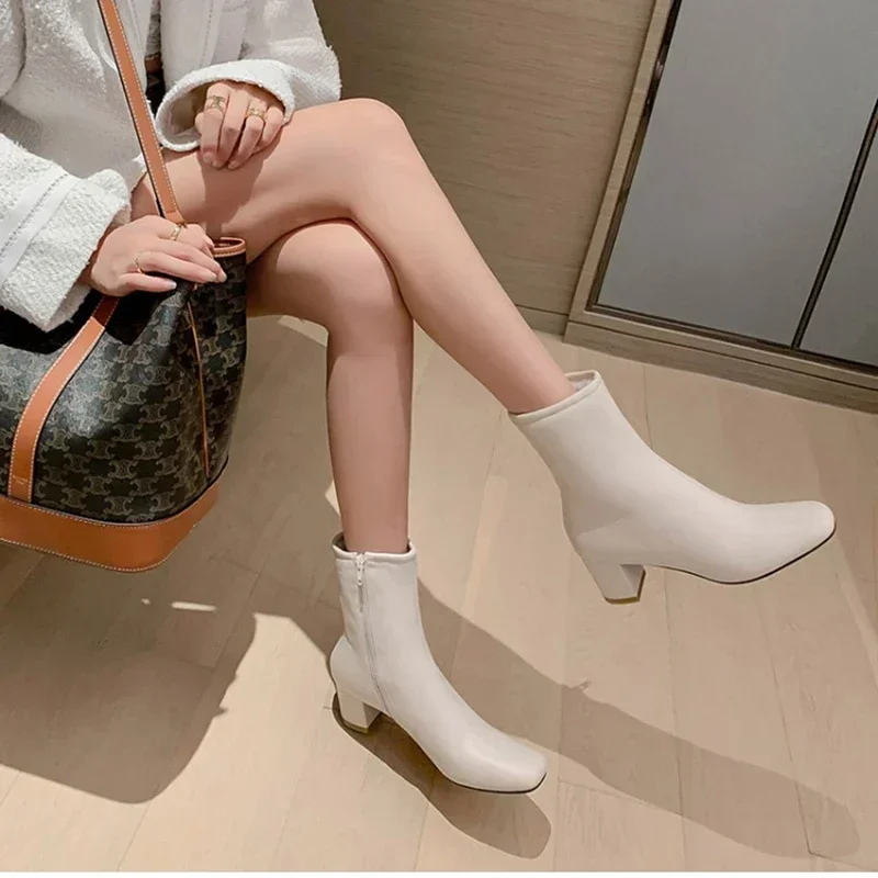 2023 Winter Warm Plush Women Ankle Boots Fashion Zippers Thick High Heel Shoes Street Style Warm Ladies Short Boot Women Shoes