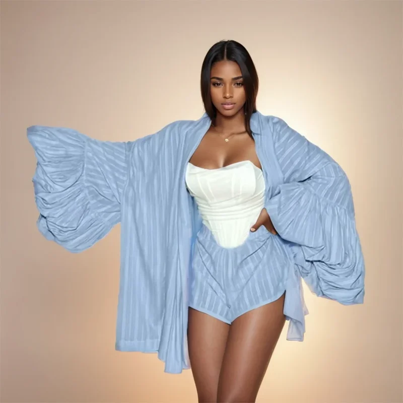 

Женский повседневный хлопковый комплект из двух предметов в европейском и американском стиле с объемными рукавами и завязками спереди, свободный кардиган, комплект из топа и шорт