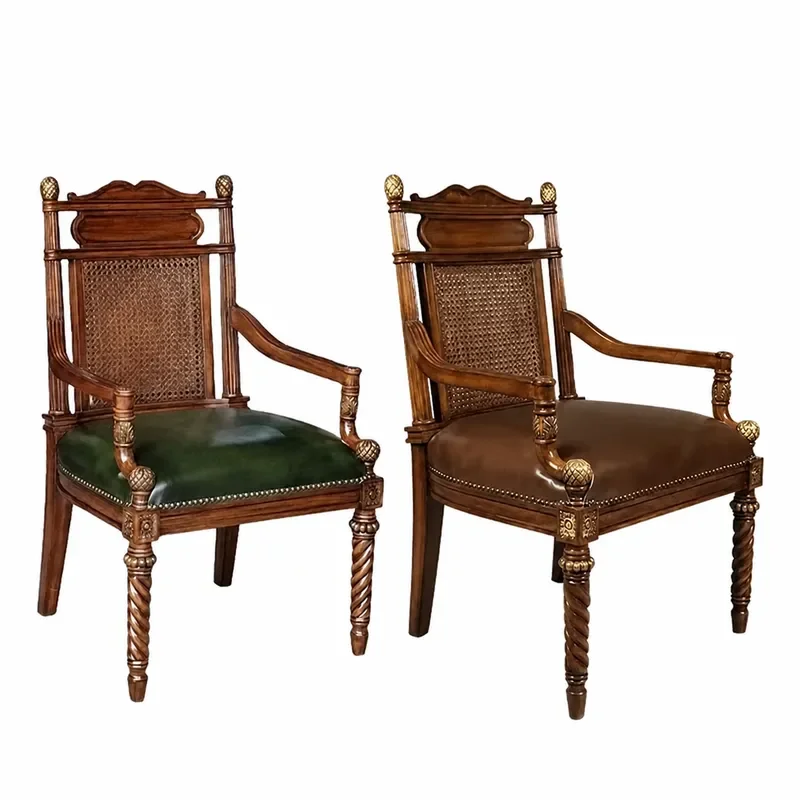 American Country Solid Wood Dining Chair Casual Rattan Armchair Retro Leather Computer Chair Single Book Reading Chair