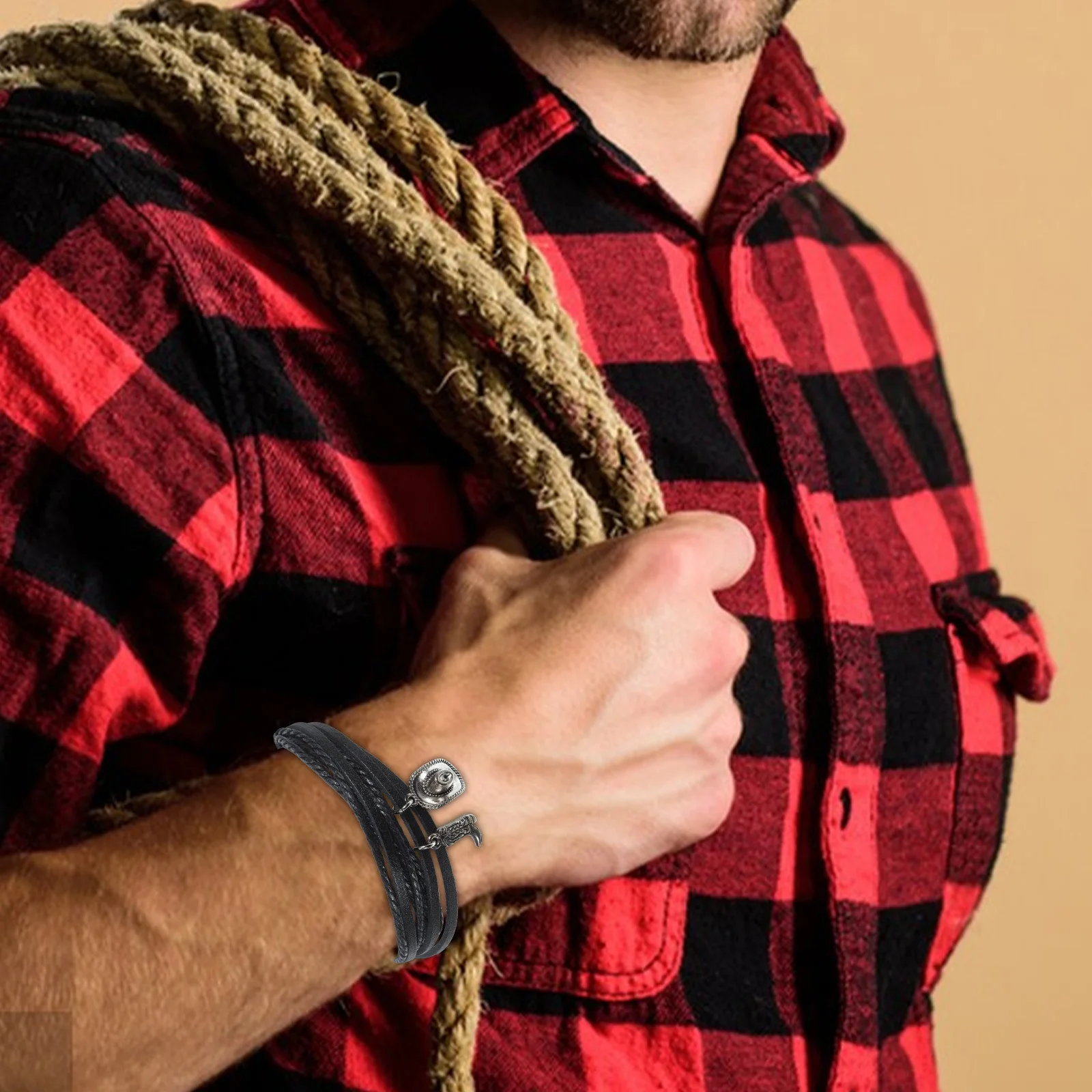 

Men Bracelet Multi-Layer Cowboy Hat Boot Charms Western Style Vintage Wrist Chain Bracelets for Men