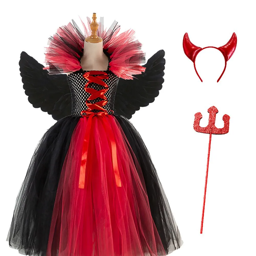 

Halloween Witch Cosplay Telle Dress Wings Headwear Toy Props 4Pcs Set Girl Queen Princess Fairy Tale Outfit Black