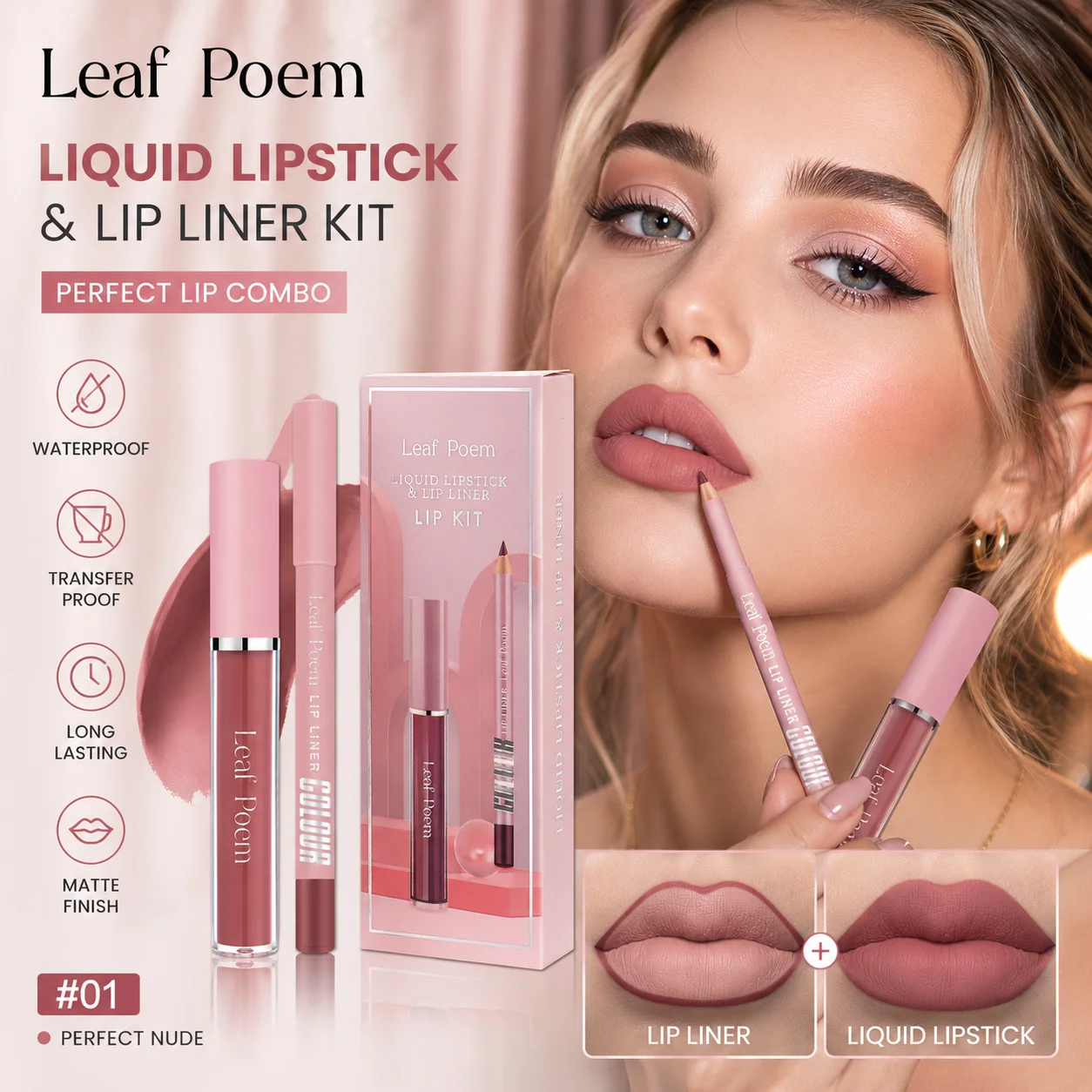 Set de Brillo Labial Mate y Delineador de Labios Leaf Poem, Resistente al Agua, de Larga Duración, Kit Combinado de Maquillaje Labial con Acabado Terciopelo