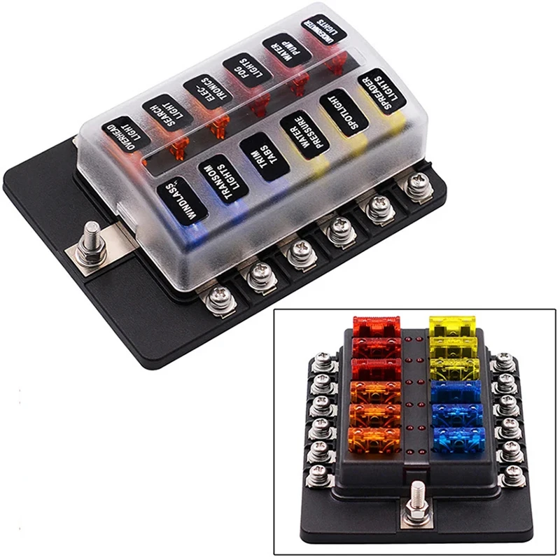 12-Way Waterproof Fuse Block, Fuse Box with Led Indicator Damp-proof Cover 12 Circuits Fuse Block 12-32V for Automotive Marine