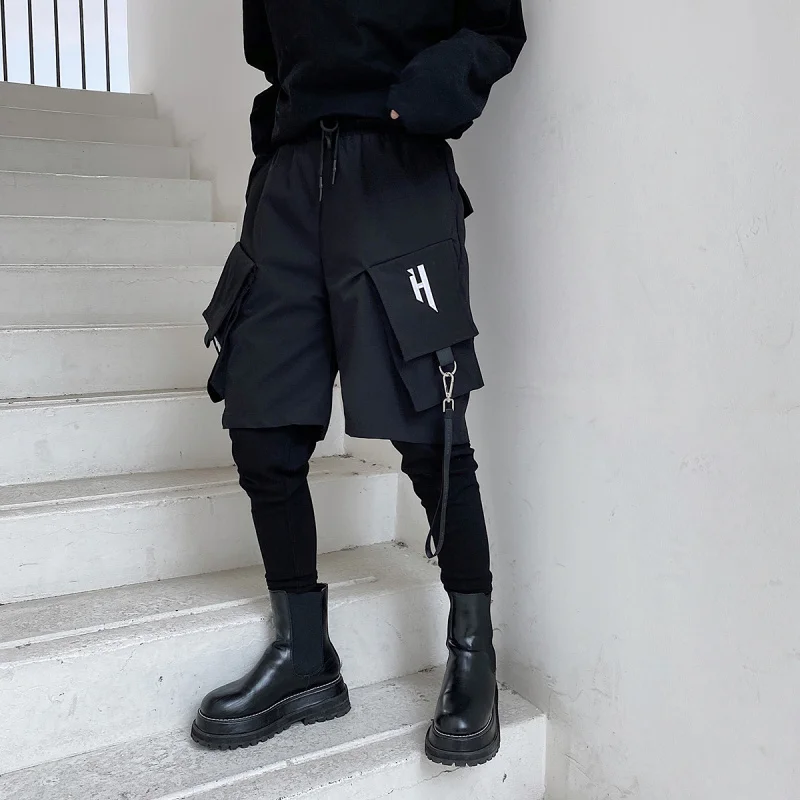 

Fake Two Piece Hip Hop Cargo Pants Men‘s Embroidery Drawstring Joggers Ribbon Multi Pockets Techwear Harem Pants