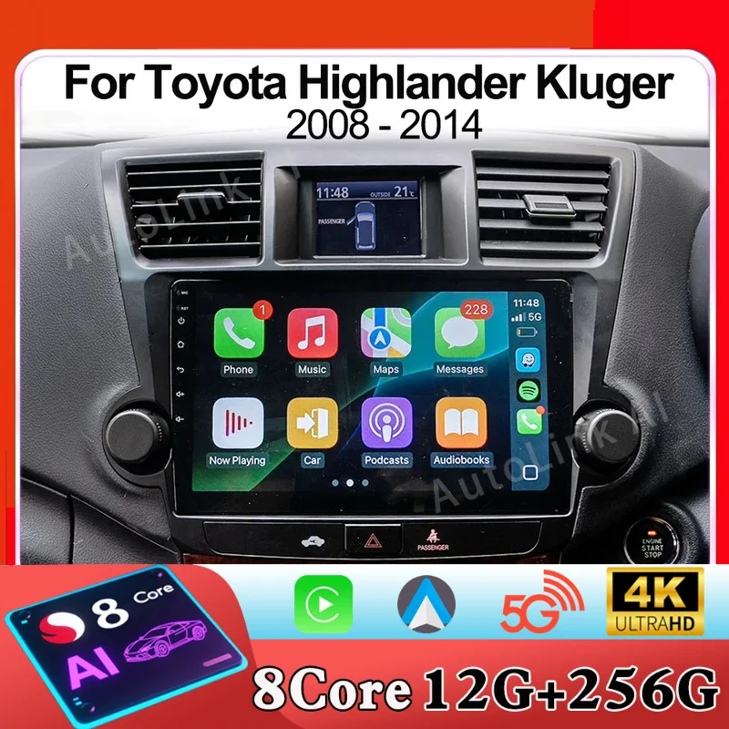 Android 15 For Toyota Highlander Kluger 2008 - 2014 Car Radio Navigation Multimedia Player GPS WiFi+5G Carplay Auto RDS 8 Core