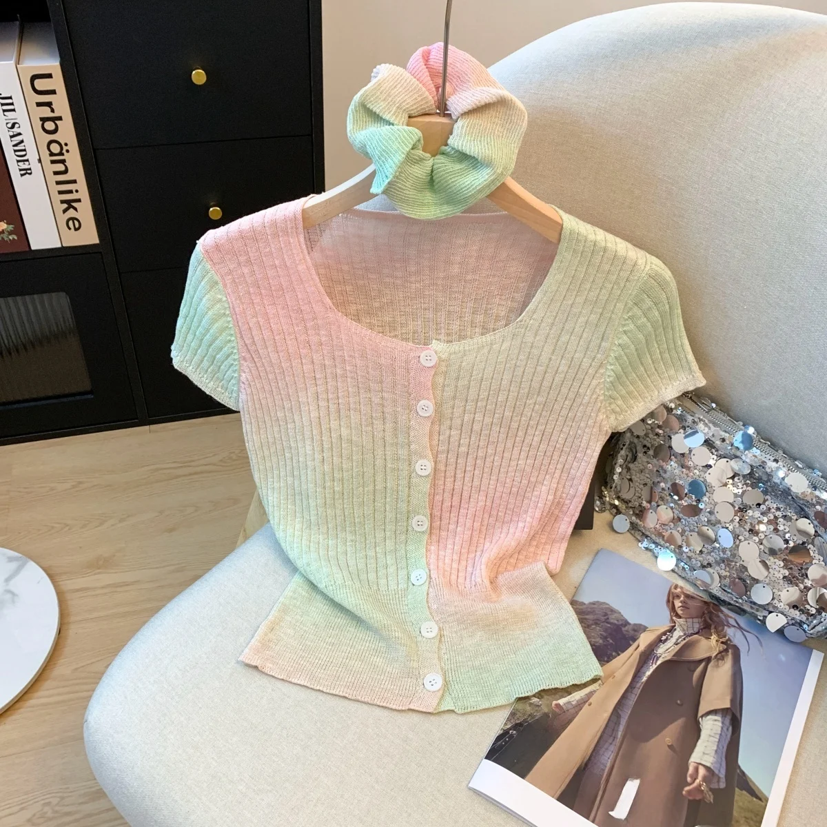 

Summer 2026 Korean Style Women's Knitted Sweater Square Collar Shoulder High Design Sense Short Sleeve Casual Wear