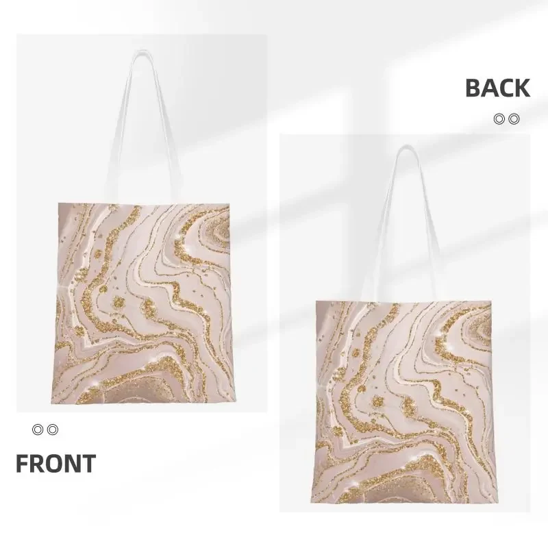 Custom Gold And Cream Marble Pattern Canvas Shopping Bags Women Portable Grocery Geometric Print Shopper Tote Bags