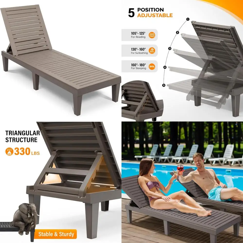 

Регулируемый водонепроницаемый уличный шезлонг для патио у бассейна, простая сборка, светло-серо-коричневый