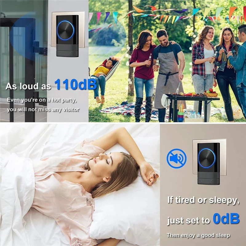 جرس الباب اللاسلكي طقم جرس الباب المقاوم للماء نطاق 200 متر مع 45 نغمة، 4 مستوى الصوت 2 استقبال للمكتب الولايات المتحدة التوصيل