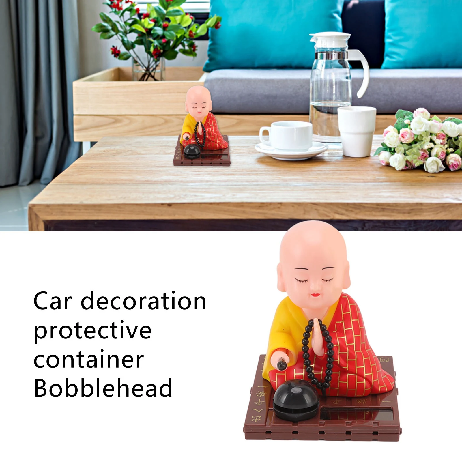 Buddhist Monk Doll Solar Powered Automatic Beating Durable Plastic Monk Figurine for Car Window Hotel