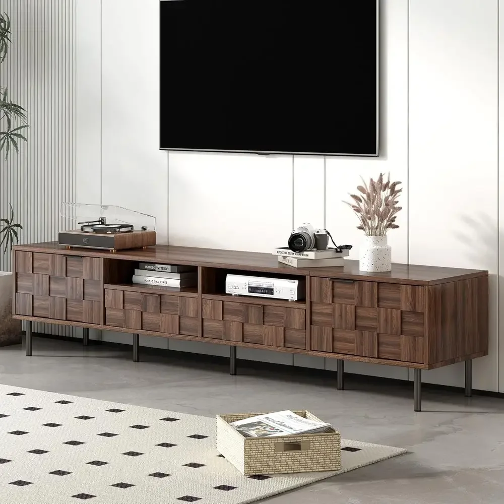 Entertainment Center for TVs up to 85 with 2 Drawers, 2 Doors, Open Space, and Unique Mosaic Front for Living Room