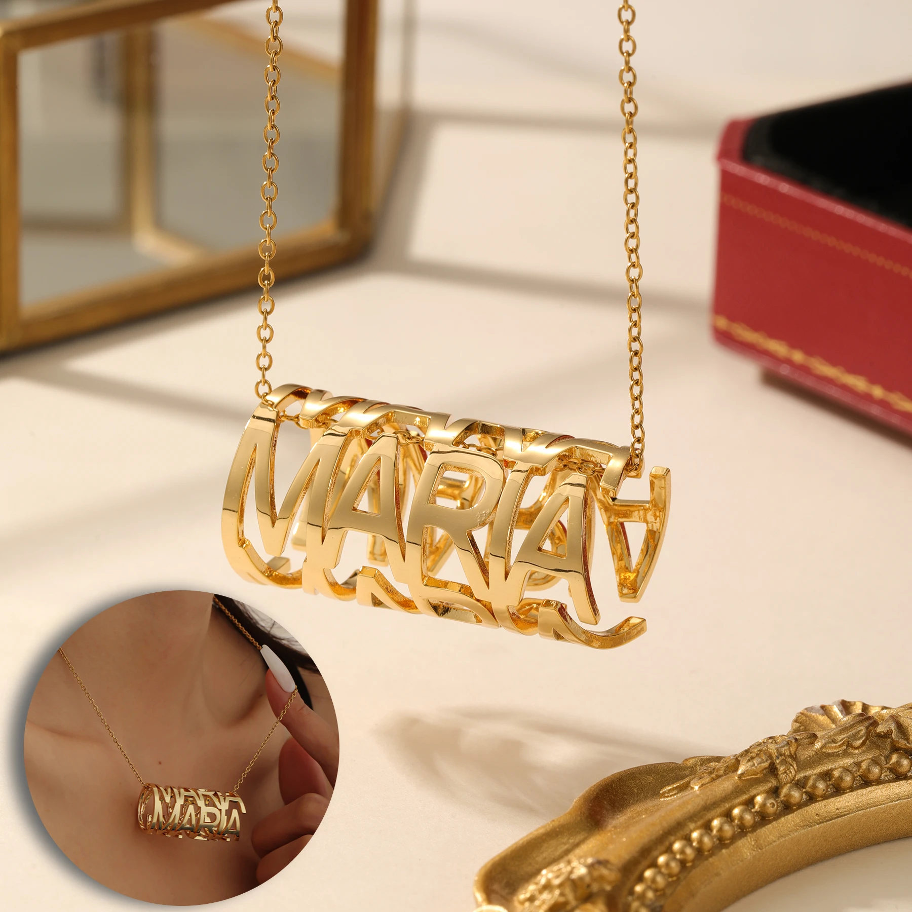 

Ожерелье с именем на заказ, позолоченный 18 К, ажурный кулон, нежная цепочка, персонализированный ювелирный подарок для женщин, Рождество, день рождения