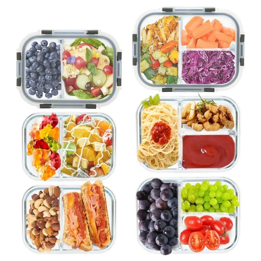 

amp 3 Compartment Meal Prep Containers Glass Food Storage Lunch Containers with Lids, Bento Box, Portion Control, Freezer to Mic