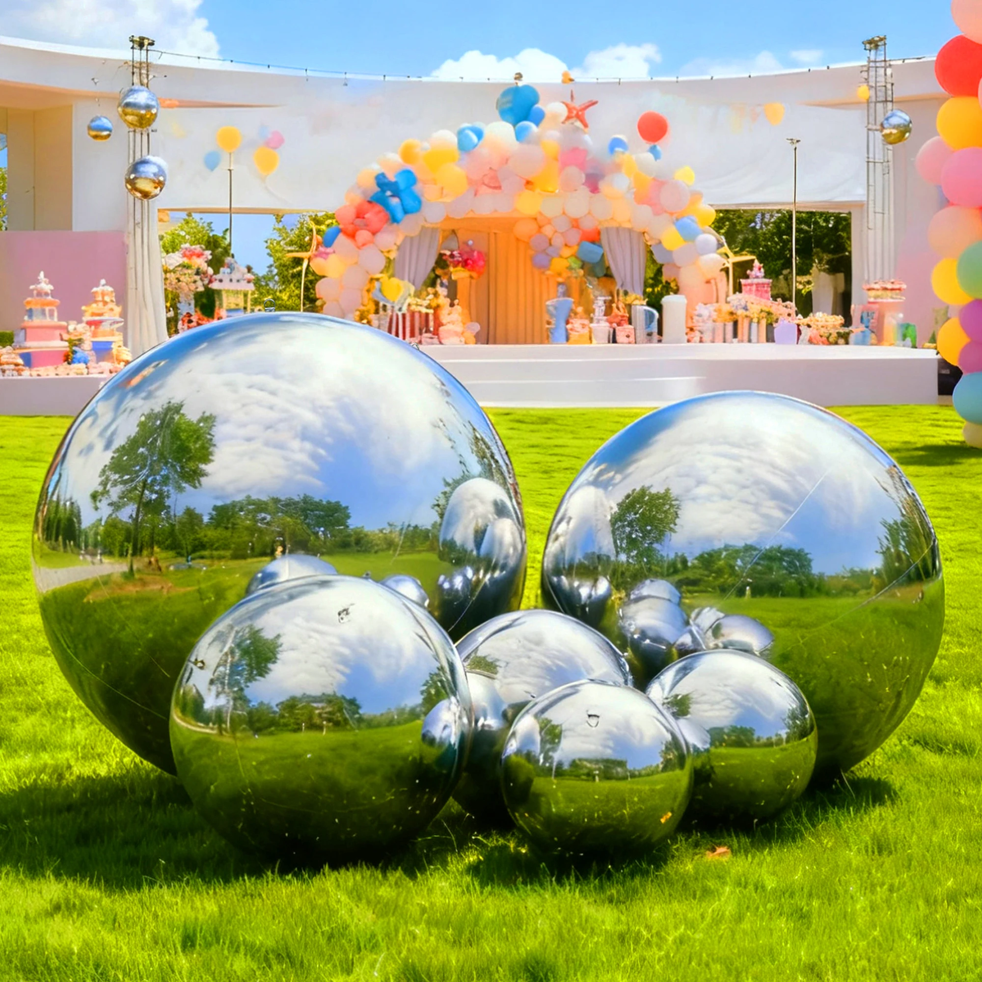 

Nairbag Silver Big Shiny Inflatable Balls Set Decorative Mirror Sphere Balloons Event Party Decor Christmas Blow up Mirror Ball