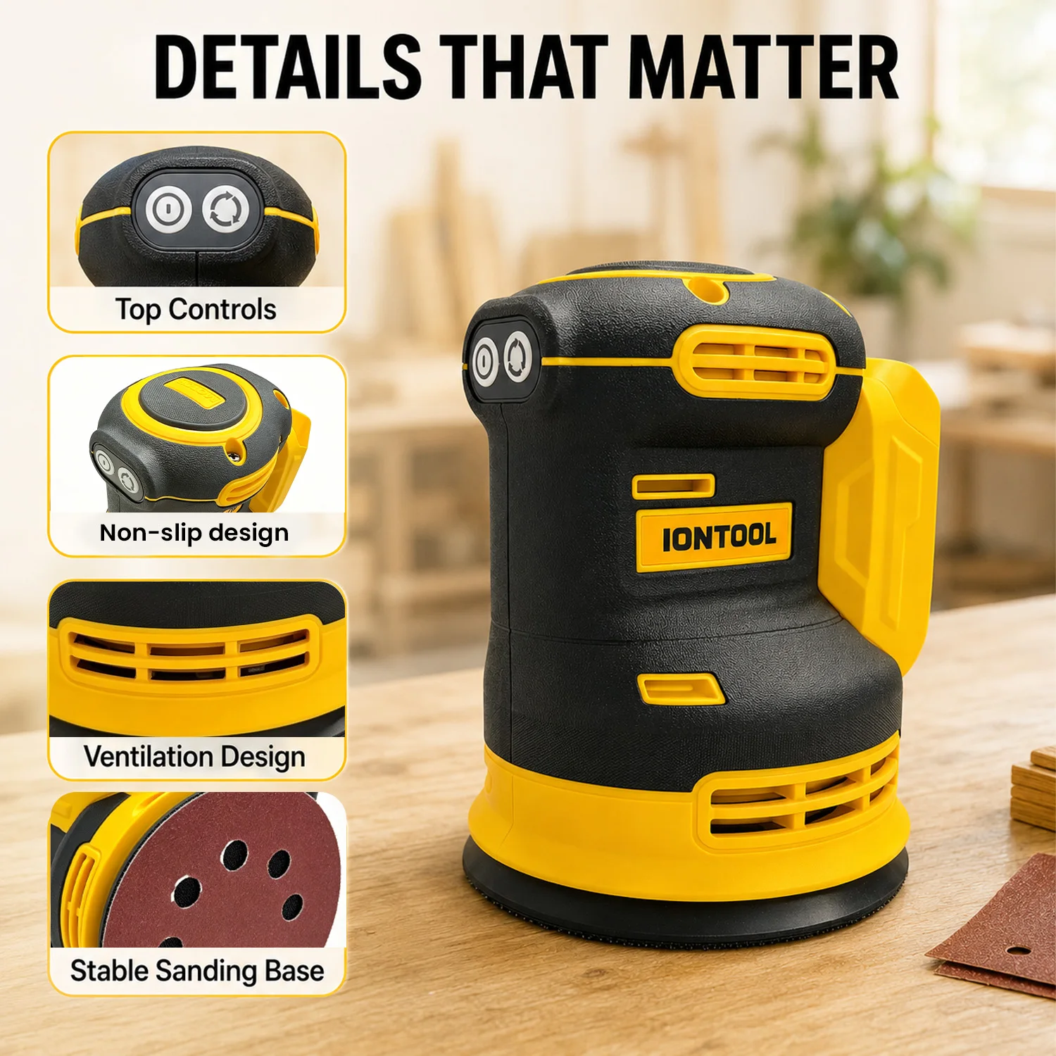 IONTOOL Compact 3-Speed Cordless Sander 180mm 11000RPM for Home DIY Wood Furniture Finishing and Cabinet Polishing Bare Unit