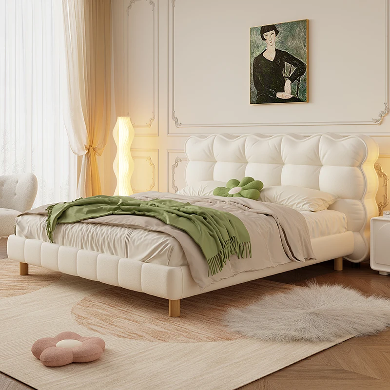 French Cream Style Puff Bed Modern Minimalist Master room White Internet Celebrity Girl Fabric Double Solid Wood