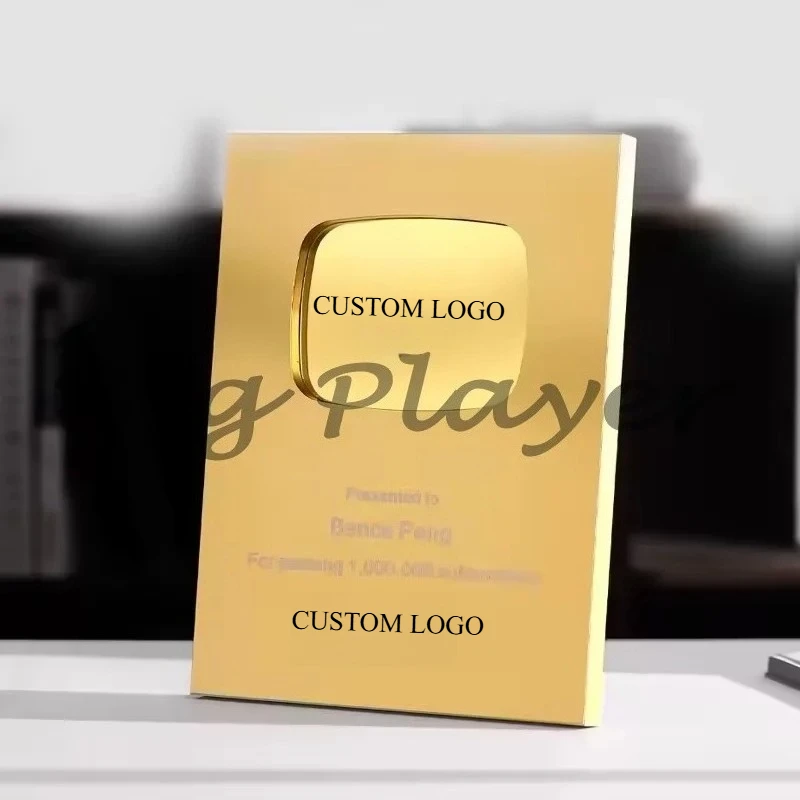 أروع هدية جائزة YouTube، زر تشغيل مخصص، لوحة جائزة معدنية ذهبية فضية