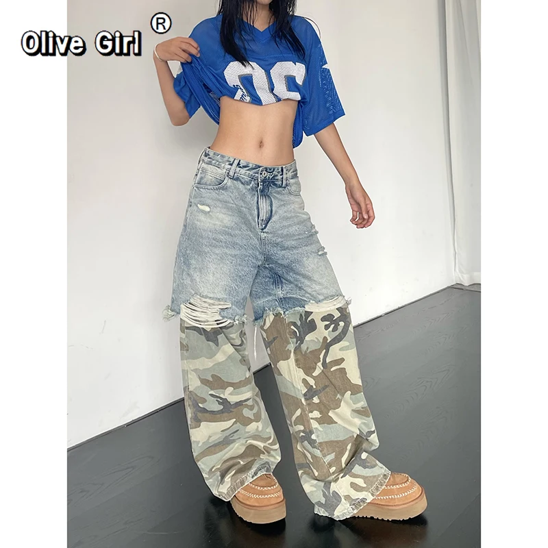 Women Y2k Ripped Jeans Harajuku Aesthetic Denim Trousers Patchwork Baggy Japanese 2000s Jean Pants Vintage Trashy Clothes