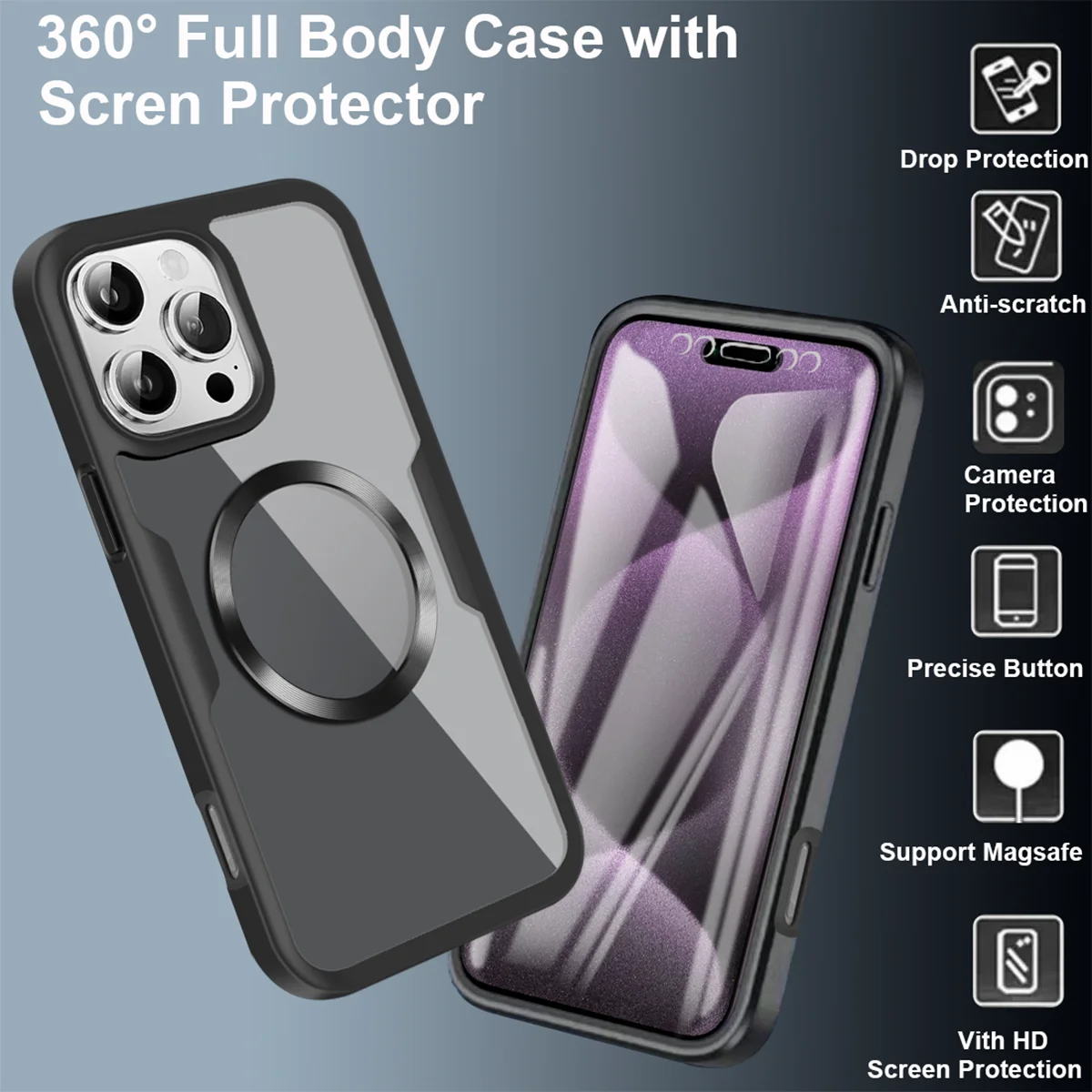 Double Sided Touch Screen Protection Phone Case for iPhone 16 15 Plus 14 Pro Max 13 12 11 Magnetic Suction MagSafe Clear Cases
