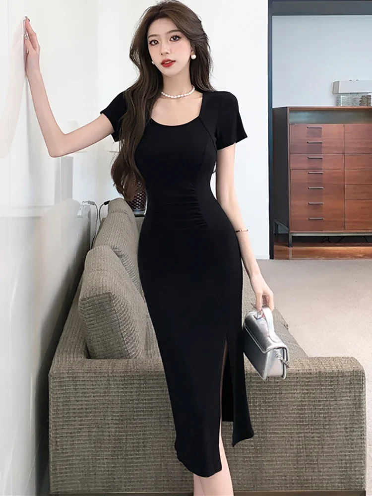 2024 preto plissado bodycon manga curta gola quadrada midi vestido feminino coreano vintage hepburn vestido verão elegante vestido casual