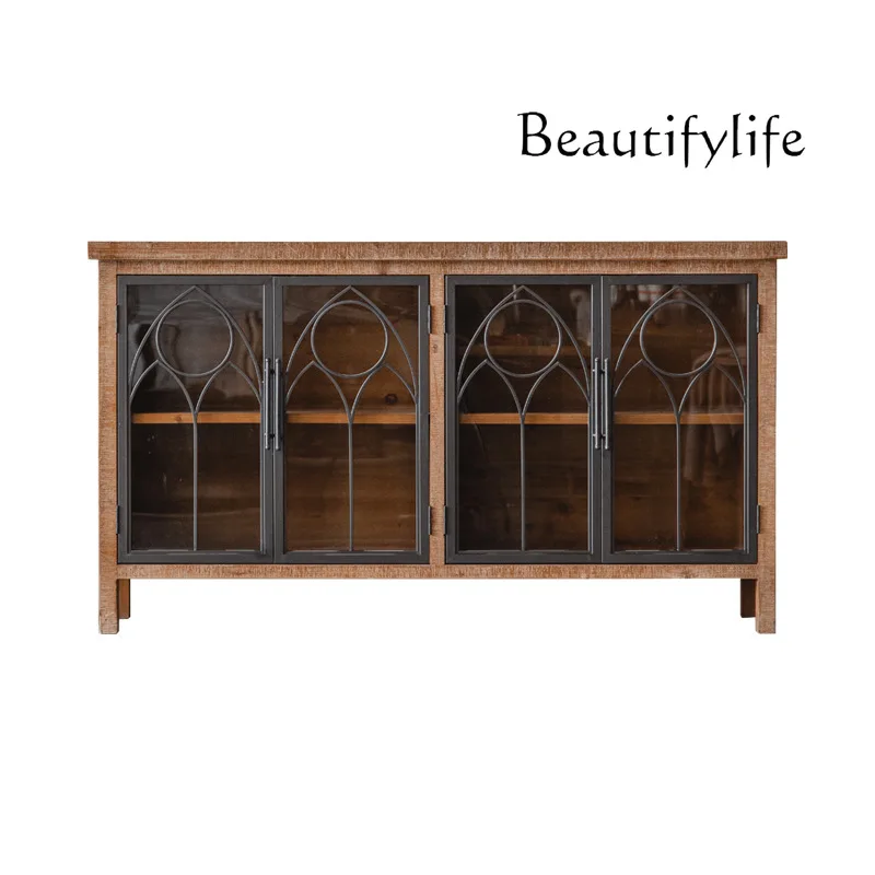 

American Mid-Ancient Solid Wood Dining Side Wine Cabinet Living Room Small Apartment Display Cabinet Glass Entrance Cabinet