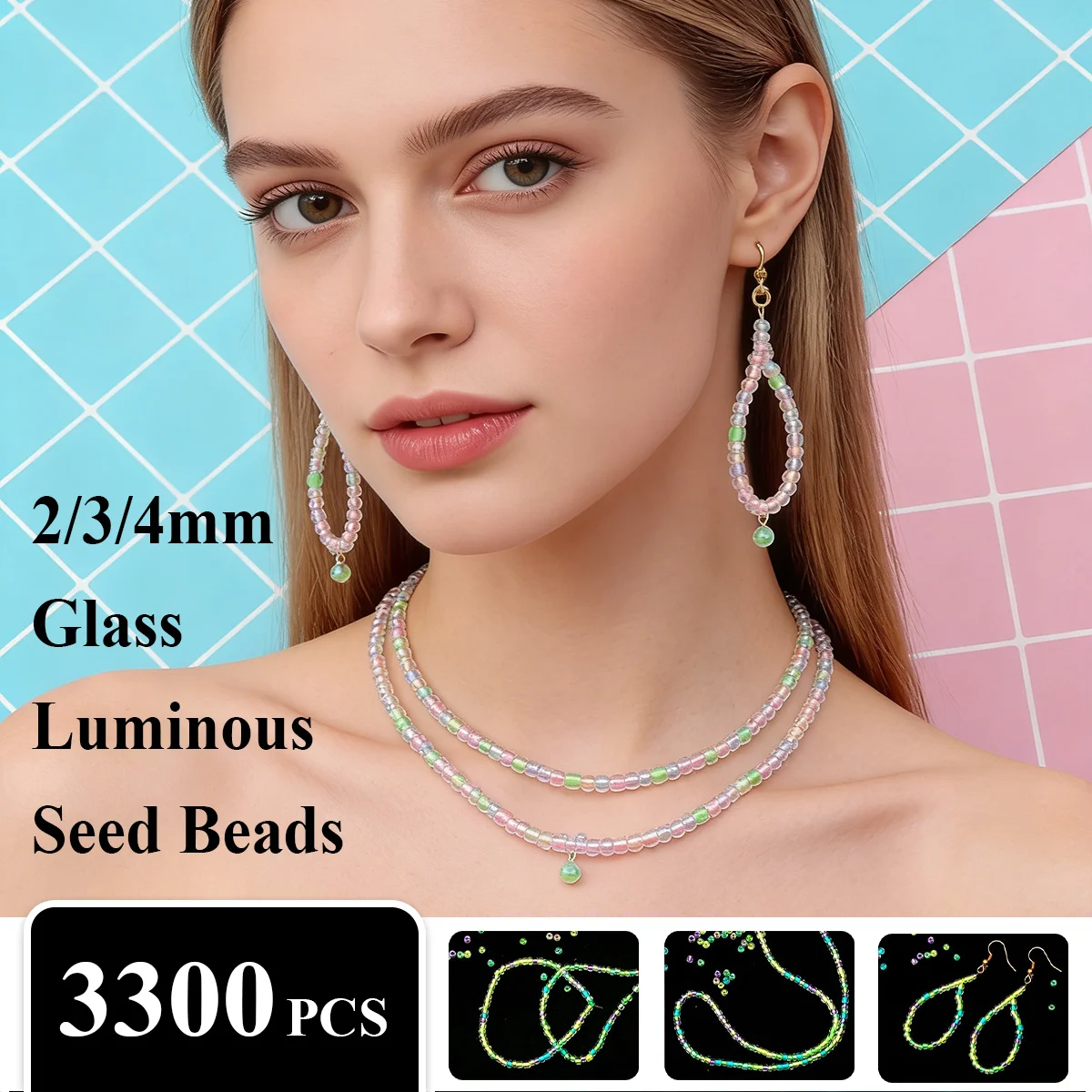 

3300pcs 2/3/4mm Glass Luminous Seed Beads (Glow-in-the-dark Seed Beads) - DIY Jewelry(Necklace/Bracelet) Making for Girls/Women