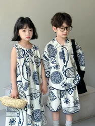 Brother Sister Clothes 2025 Summer Fashion Girls Sleeveless Dresses Or Kids Boys Print Shirts And Shorts 2Pcs Children Clothing