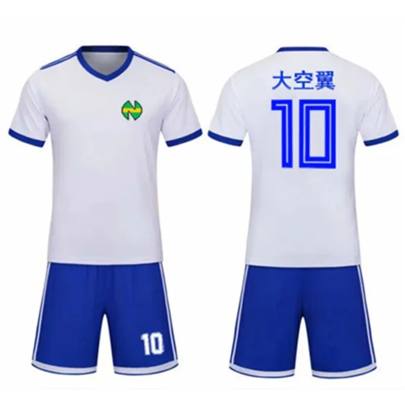 Captain Tsubasa Nankatsu School Football Jersey Sets No.10 Tsubasa Ozora Cosplay White Soccer Top Tee & Blue Shorts