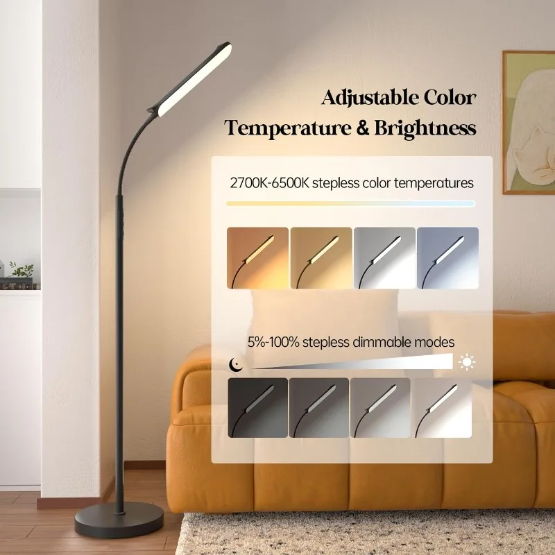 LED Floor Lamp, 18W Super Bright Floor Lamp for Living Room, Adjustable Stepless Colors & Brightness Gooseneck Standing Lamp